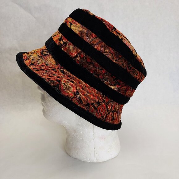 Scala Collezione Bucket Hat Women's Black Floral Stripe Velvet Velour Cloche O/S - Picture 6 of 14
